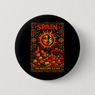 Spain Total Solar Totality Eclipse 2026 Folk Art 6 Cm Round Badge