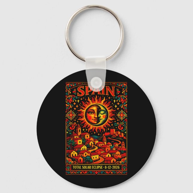 Spain Total Solar Totality Eclipse 2026 Folk Art Key Ring (Front)
