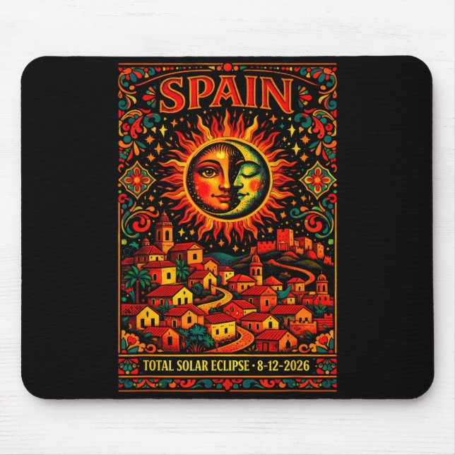 Spain Total Solar Totality Eclipse 2026 Folk Art Mouse Pad (Front)