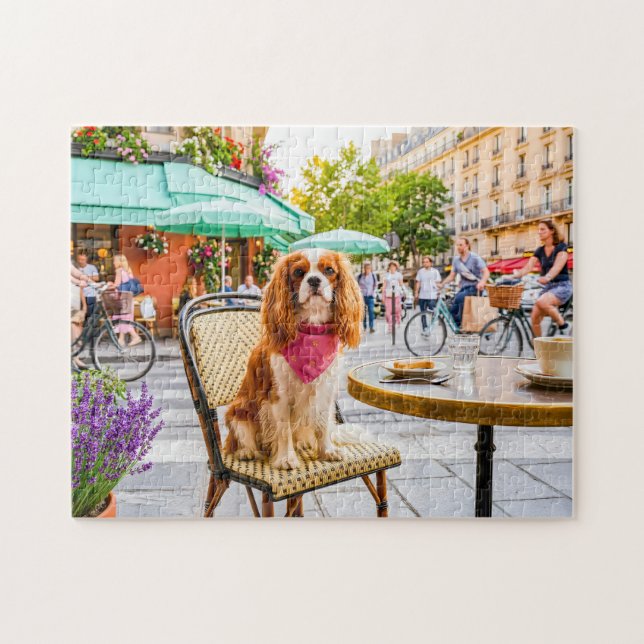 Spaniel city outing at outdoor café jigsaw puzzle (Horizontal)