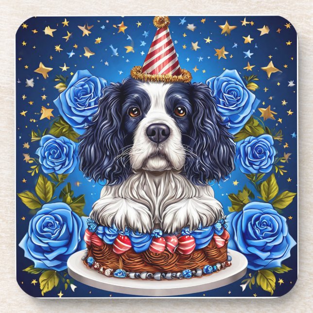 Spaniel Dog Celebrating Birthday 🎉🐶🎂🍹🎁 Coaster (Front)