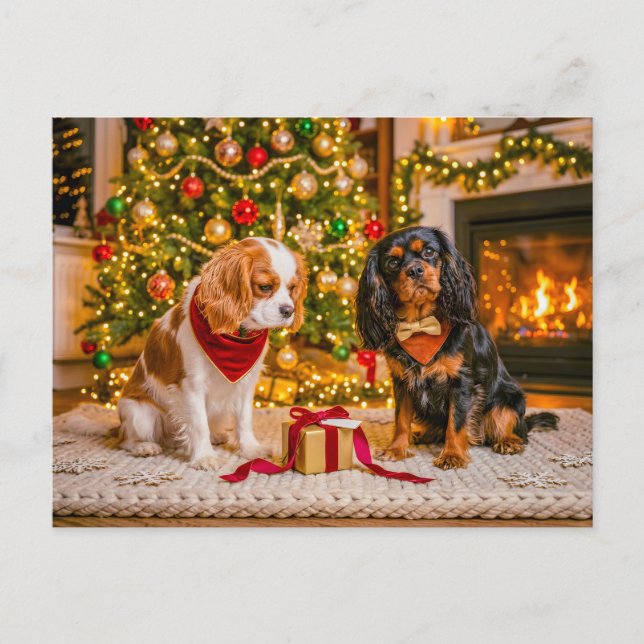 Spaniel duo at cosy christmas tree postcard (Front)