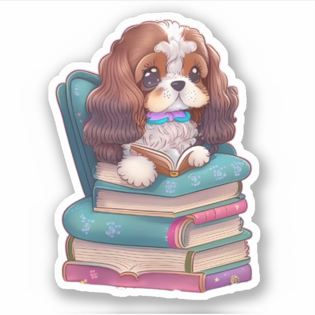 Spaniel Puppy Reading a Book Sticker (Front)