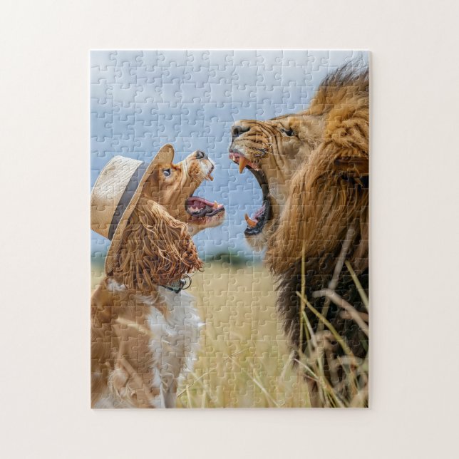 Spaniel vs Lion In Savanna Jigsaw Puzzle (Vertical)