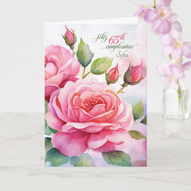 Spanish 65th Birthday Pink Roses with Name Card (Orchid)