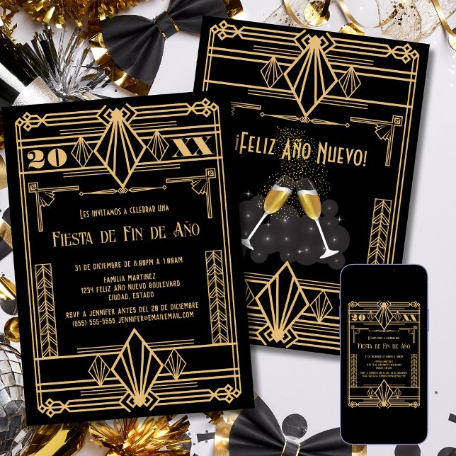Spanish Art Deco Gold 1920's New Year's Eve Party Invitation (Creator Uploaded)