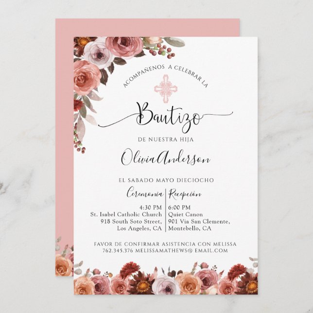 Spanish Baptism Blush Pink Floral Invitation (Front/Back)