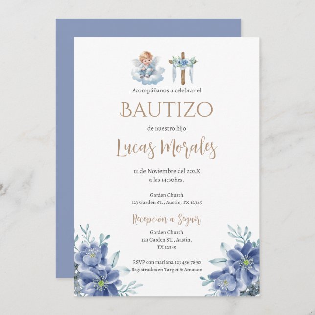 Spanish Baptism Boy invitation (Front/Back)