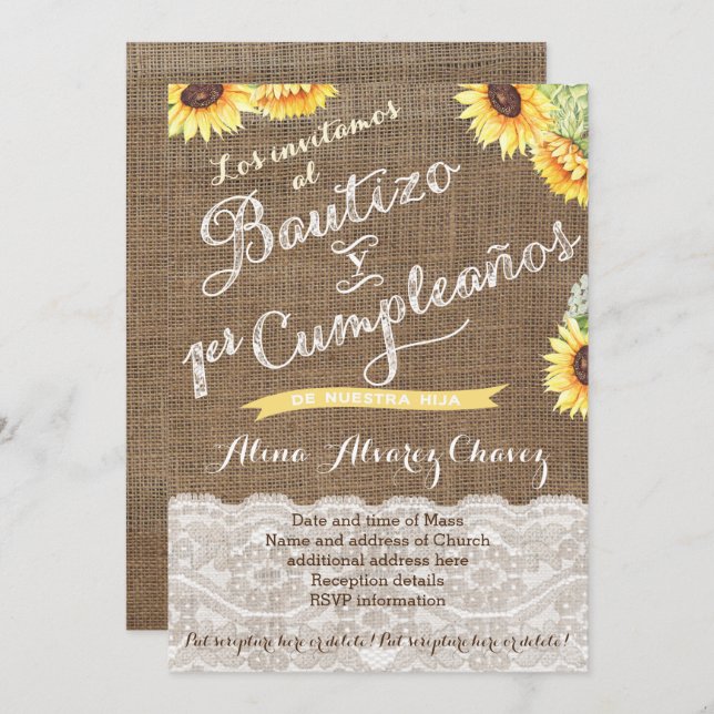 Spanish Baptism & First Birthday for latina niña Invitation (Front/Back)