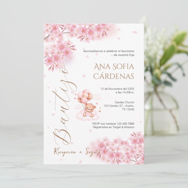 Spanish Baptism Girl invitation pink (Standing Front)