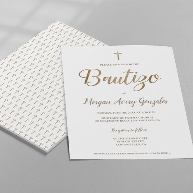 Spanish Baptism Gold Cross White Simple Bautizo Invitation (Elegant, Simple Bautizo Spanish Baptism customizable invitation template Gold cross and white design)