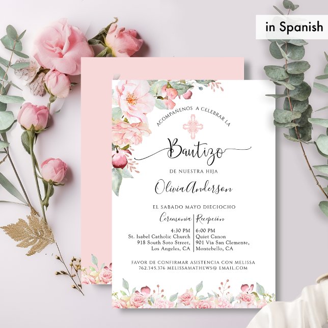 Spanish Baptism Pink and Mint Floral Invitation (Creator Uploaded)