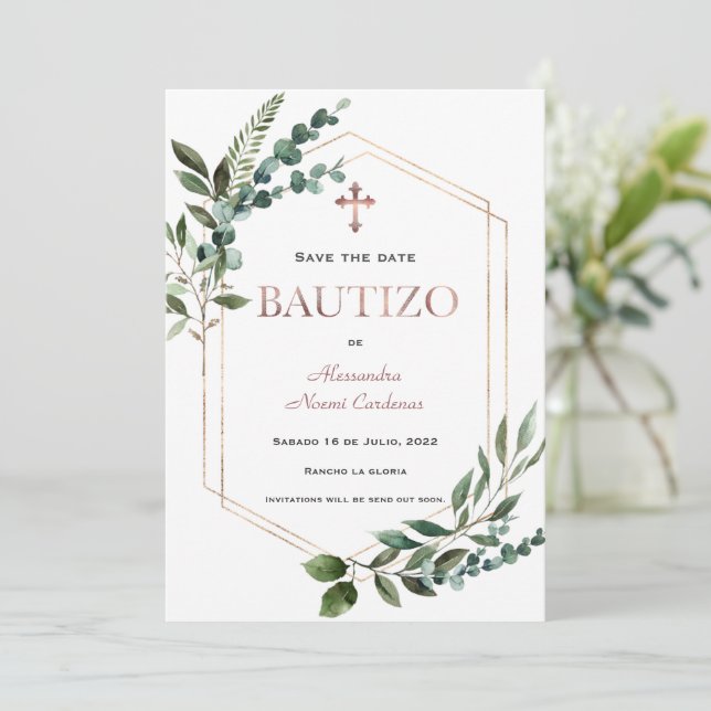 Spanish Bautizo Greenery Rose Gold  Save The Date (Standing Front)