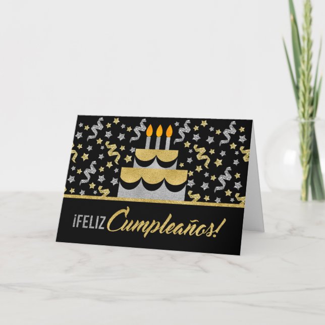 SPANISH Birthday in Gold and Silver Faux Glitter Card (Front)