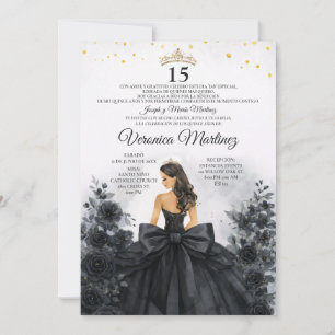 Spanish Black Floral Princess Dress Sweet 15 Años Invitation