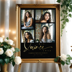 Spanish Black Trendy Quinceañera Collage 4 Photos Foil Prints