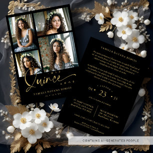 Spanish Black Trendy Quinceañera Collage 4 Photos Invitation