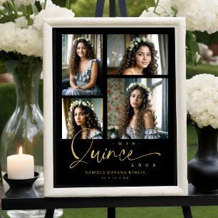 Spanish Black Trendy Quinceañera Collage 4 Photos Poster
