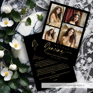 Spanish Black Trendy Quinceañera Collage 4 Photos Thank You Card