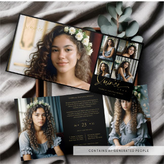 Spanish Black Trendy Quinceañera Collage 7 Photos Tri-Fold Invitation
