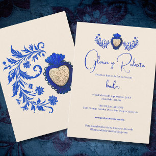 Spanish, Blue and Champagne Milagro Heart Mexican Invitation