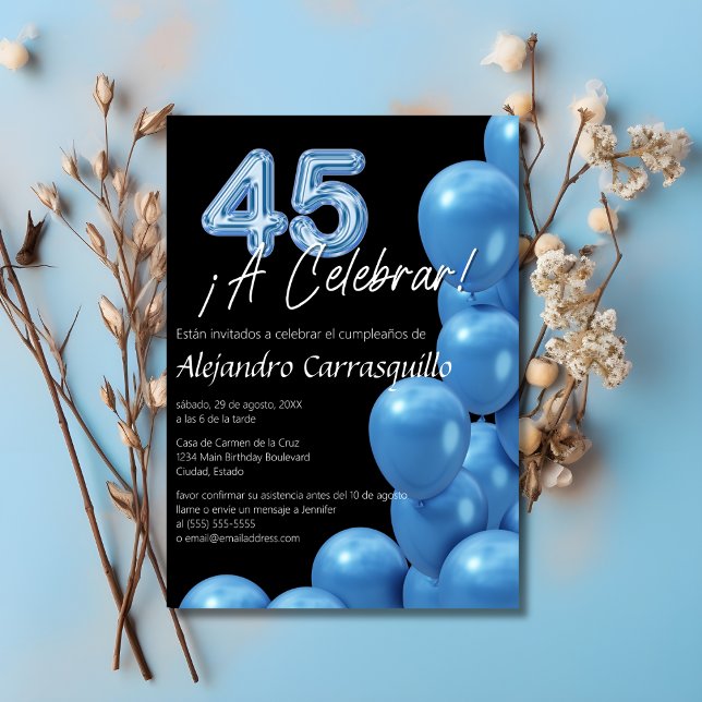 Spanish Blue Balloons on Black  45th Birthday Invitation (Creator Uploaded)