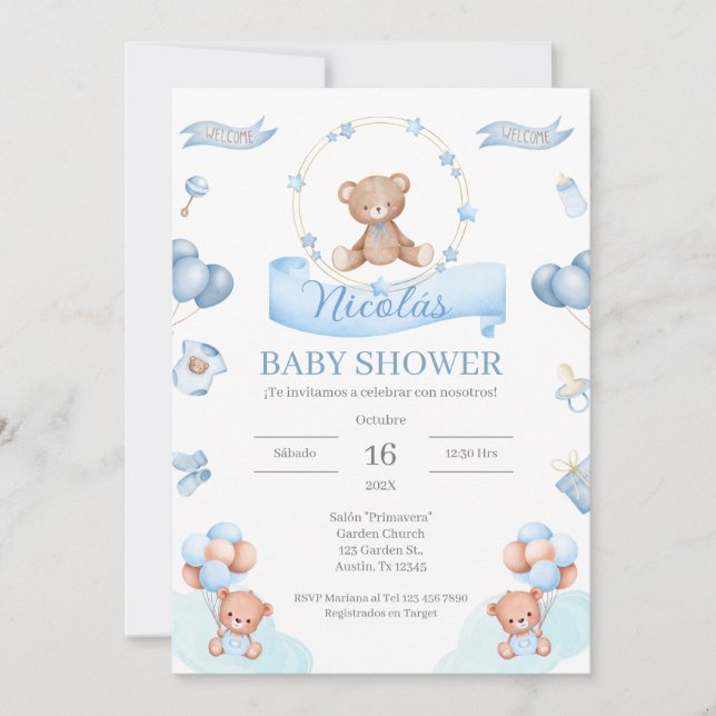 Spanish Blue Bear  Baby Shower Invitation (Front)