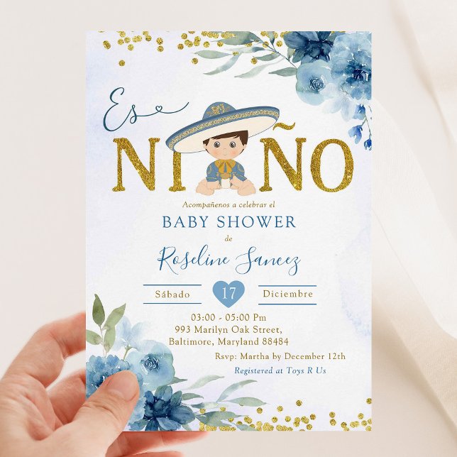 Spanish Blue Charro Boy Es niño Baby Shower Invitation (Creator Uploaded)