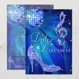 Spanish Blue Disco Ball & Sparkle Heels Sweet 16 Invitation