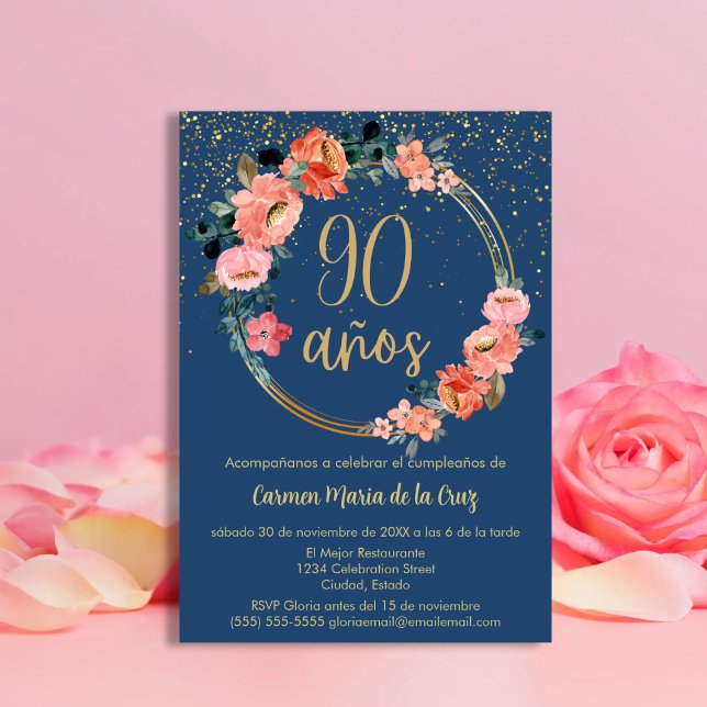 Spanish Blue Elegant Floral 90th Birthday Party Invitation (Creator Uploaded)