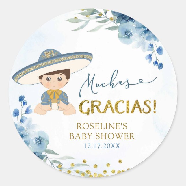 Spanish Blue Es Biño Boy Baby Shower Gracias Classic Round Sticker (Front)