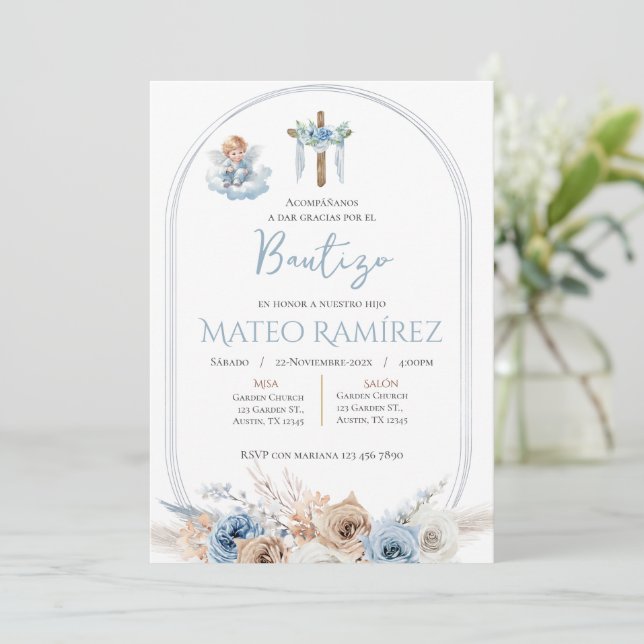 Spanish Blue Floral Baptism Invitation (Standing Front)
