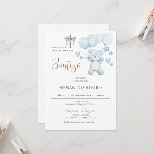 Spanish Blue Floral Baptism invitation (Front/Back In Situ)