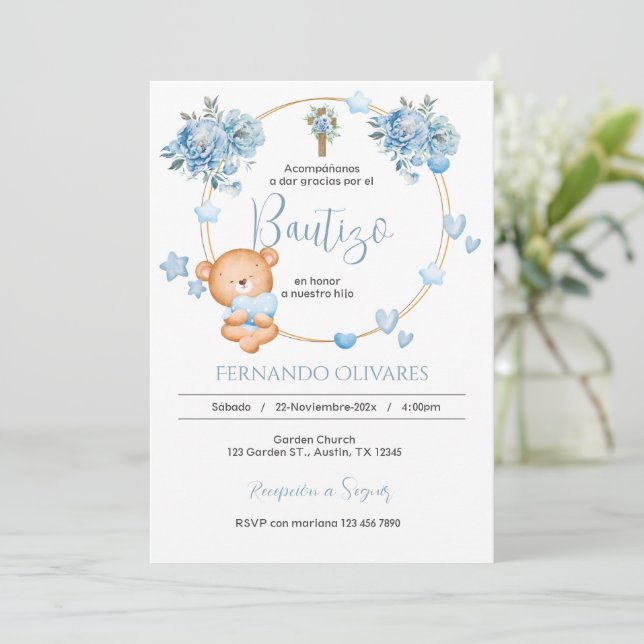 Spanish Blue Floral Baptism invitation (Standing Front)