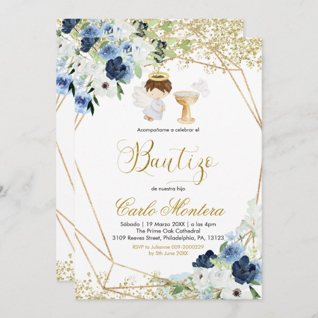 Spanish Blue Floral Niño Bautizo Invitacion Invitation (Front/Back)