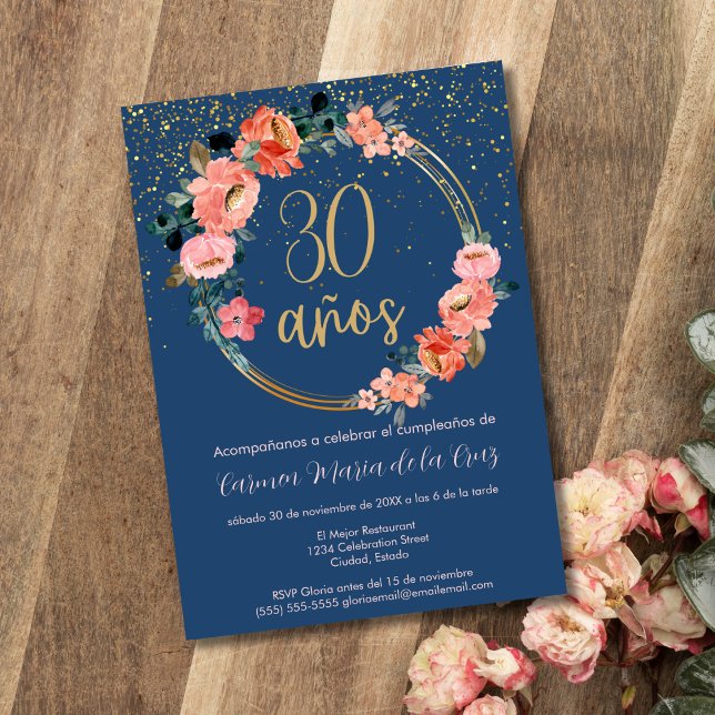 Spanish Blue Gold Chic Floral 30th Birthday Party Invitation (Creator Uploaded)