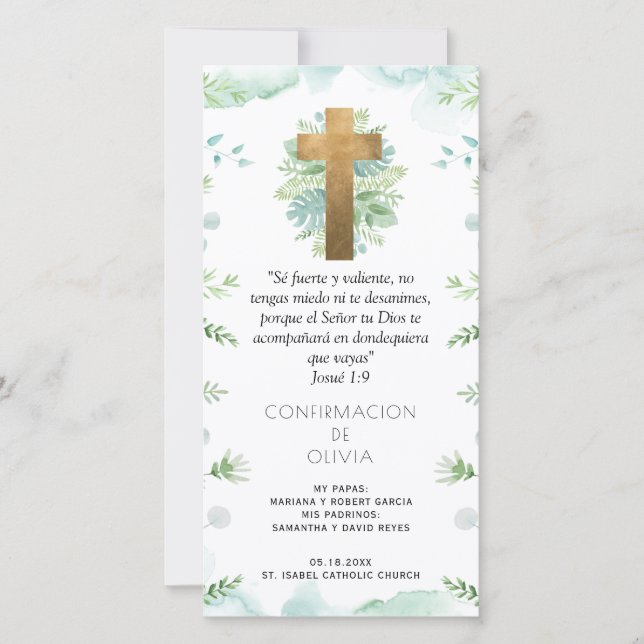 Spanish, Blue Greenery Confirmation Bookmark Favou Thank You Card (Front)