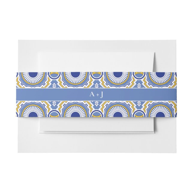 Spanish Blue Mexican Talavera Wedding Invitation Belly Band (Front Example)
