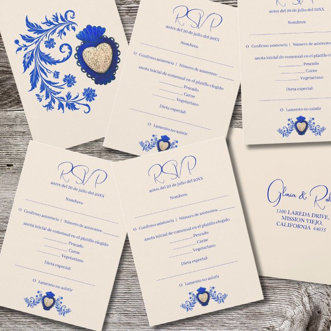 Spanish Blue Milagro Heart Mexican Wedding RSVP Card (Creator Uploaded)