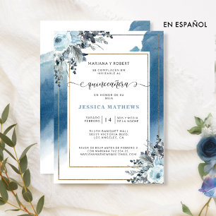 Spanish, Blue Quinceañera Watercolor and Floral Invitation