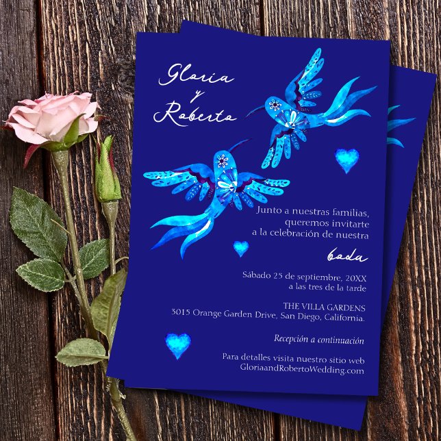 Spanish Blue Watercolor Birds Mexican Wedding  Invitation (Creator Uploaded)