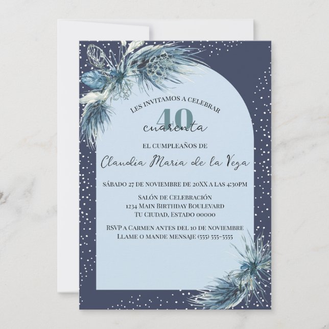 Spanish Blue Winter Florals 40th Birthday Party  Invitation (Front)