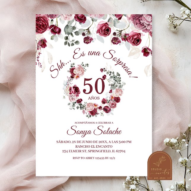 Spanish Blush and Burgundy Sorpresa Birthday Invitation (Creator Uploaded)