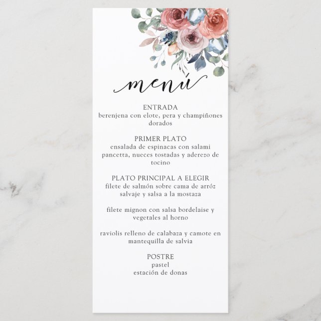 Spanish Blush, Blue Blissful Floral Elegant Menu (Front)