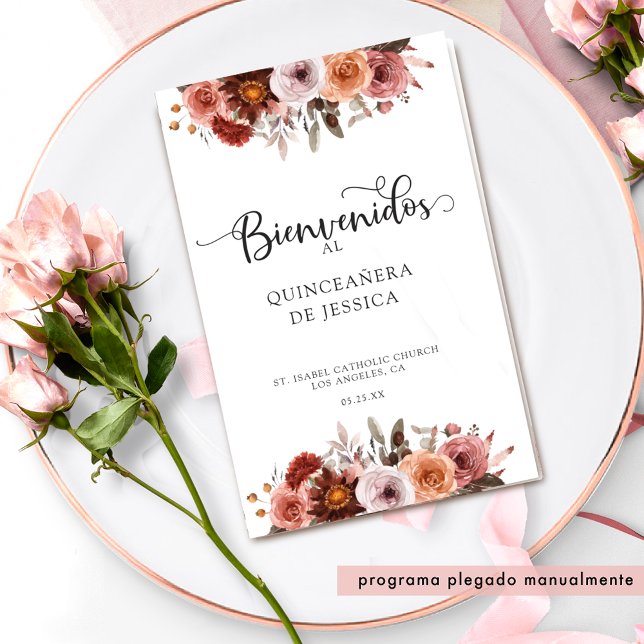 Spanish Blush Burgundy Floral Quinceanera Program (Creator Uploaded)