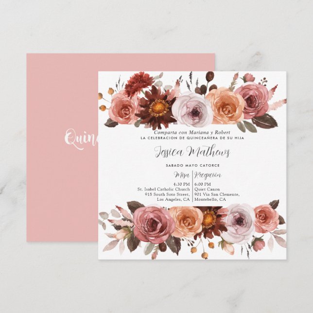 Spanish,Blush Pink and Burgundy Floral Quinceañera Invitation (Front/Back)