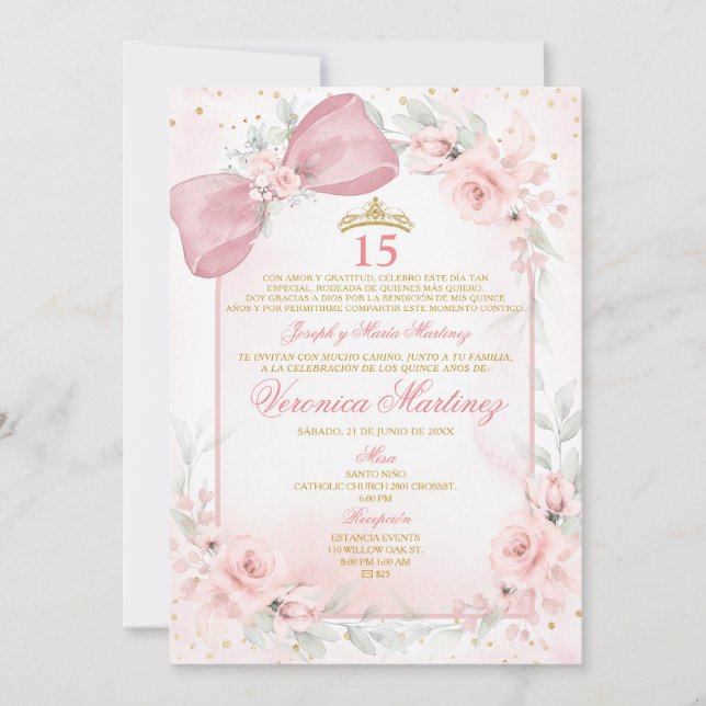 Spanish Blush Pink Bow Coquette Princess 15 Años Invitation (Front)