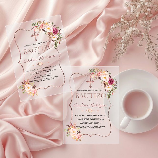 Spanish Blush Pink Con Flores Rose Gold Bautizo Acrylic Invitations (Creator Uploaded)