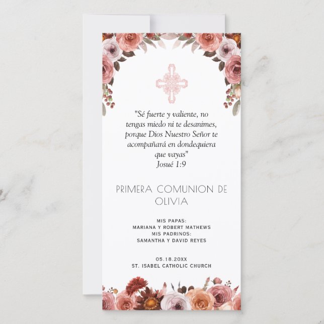 Spanish, Blush Pink First Communion Bookmark Favou Thank You Card (Front)