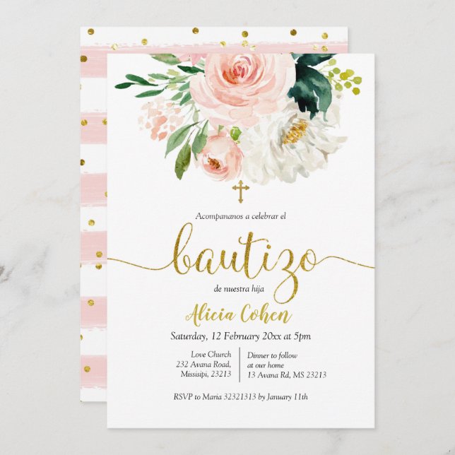 Spanish Blush Pink Floral Bautizo Invitacion Invitation (Front/Back)
